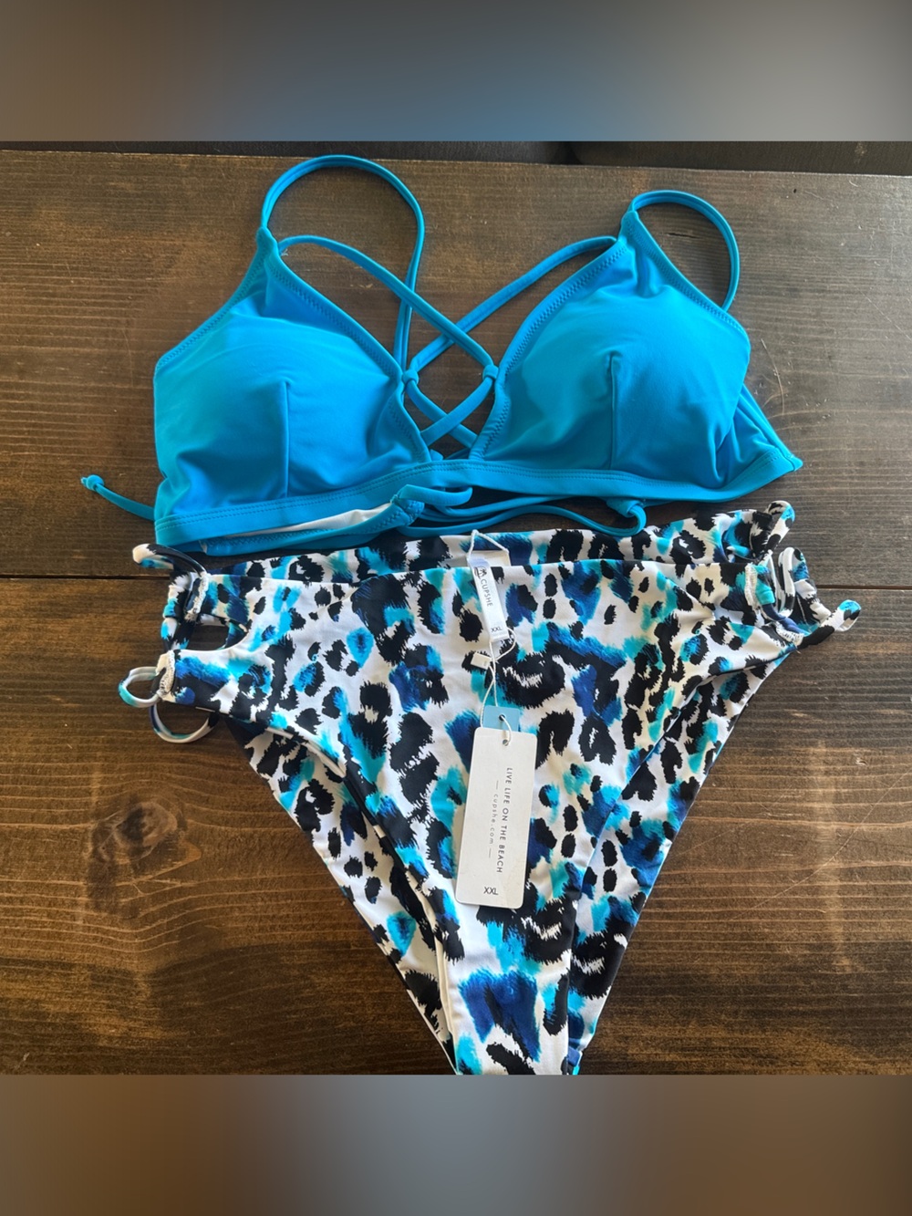 Cupshe Teal Blue Strappy Bikini with Blue Leopard Print Bottoms